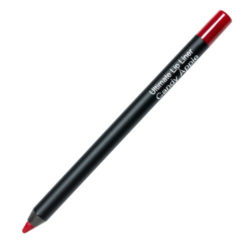 An image of a Kandi Koated Edge lip pencil in “Candy Apple”, a rich bright red, lying on a white background. The body of the pencil is black with a colored point and end cap.